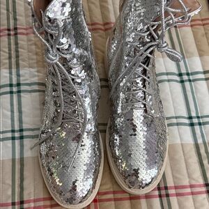 Silver Sequin Lace-Up Boots
